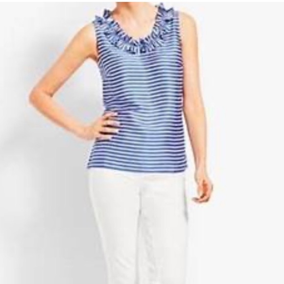 Talbots RSVP Blue & White Ruffle Neck Blouse. - Picture 8 of 11